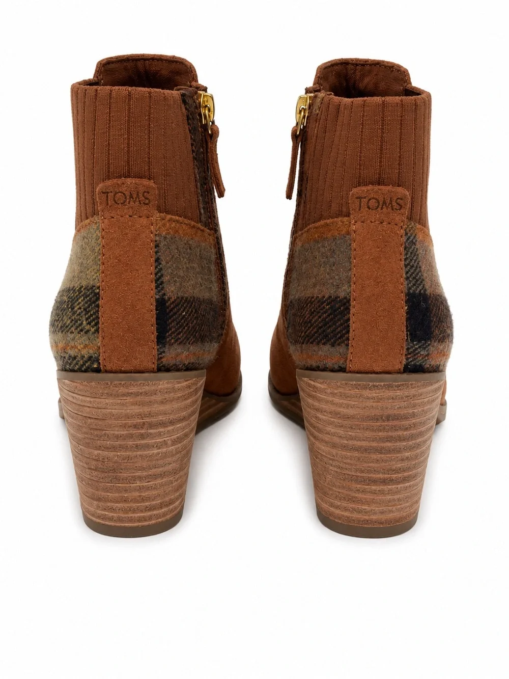 Toms Brown Suede Wedge Ankle Boot with Plaid Knit Back Detail
